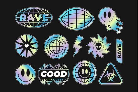 Free vector rave party sticker collectio... | Free Vector #Freepik #freevector #sticker-pack #collection #sticker-set #sticker-collection Rave Stickers, Sticker Pack Design, Sticker Graphic Design, Festival Stickers, Rave Poster, Rave Design, Ed Design, Party Stickers, Holographic Stickers