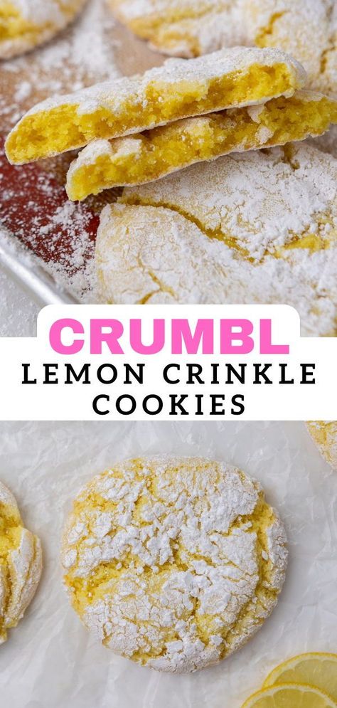 Cake Mix Crinkle Cookies, Lemon Crinkles, Crinkles Cookies, Cookies With Cake Mix, Recipe Using Lemons, Delicious Lemon Cake, Crumble Cookie Recipe, Batch Recipes, Crinkle Cookies Recipe