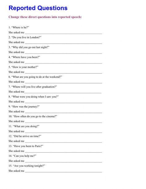 Reported Questions Practice interactive worksheet Reported Speech Questions, Eng Grammar, Esl Flashcards, Study English Grammar, Classroom Bulletin Boards Elementary, Direct And Indirect Speech, English Grammar Test, Punctuation Worksheets, Indirect Speech