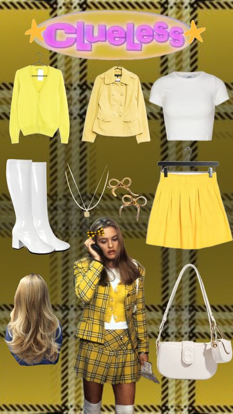 Clueless inspo💛💛 #clueless #Cher #yellow Yellow Retro Outfit, Diy Clueless Costume, Cher Clueless Outfit Halloween Costumes, Cher Clueless Yellow Outfit, Clueless Yellow Outfit, Cher And Dionne Costume, Clueless Costume Ideas, Clueless Cher Outfits, Cher Clueless Aesthetic