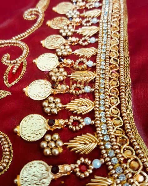 No photo description available. Work Blouse Hand Designs, Blouse Designs Aari Work, Blouse Maggam Work, Work Blouse Designs, Maggam Work Blouse, Maggam Work Designs, Aari Designs, Kids Blouse Designs, Blouse Design Images