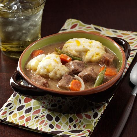 Beef Stew with Cheddar Dumplings Recipe -My family asks for this stew just about every week. But it's perfect for company, too—it's easy, and everyone comments on the cheese in the dumplings. —Jackie Riley, Garrettsville, Ohio All Recipes Beef Stew, Cheddar Dumplings, Beef Stew And Dumplings, Beef Casserole Slow Cooker, Rich Beef Stew, Cheese Dumplings, Beef Stew With Dumplings, Crockpot Recipes Ground Beef, Crockpot Recipes Chicken