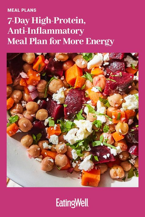 Want to boost your protein intake and energy levels? Try this 7-day high-protein anti-inflammatory meal plan created by a dietitian. #healthymealplans #healthyrecipes #mealplan #mealplanideas #mealplanning #mealprep#inflammation#antiinflammation#antiinflammatorydiet#healthyeating#eatingwell#healthy Anti Inflammation 7 Day Meal Plan, Eating For Energy Meal Plan, High Protein Nutrient Dense Meals, Inflammatory Diet Meal Plan, Simple Anti Inflammation Diet Recipes, High Energy Meals, High Protein Mediterranean Diet, Anti Inflammation Recipes Meal Prep, High Protein Anti Inflammation Breakfast