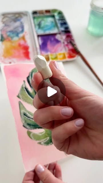 Anna Koliadych on Instagram: "An easy and fun way to paint a Monstera leaf with watercolor and a white wax crayon 💚💕 #watercolor #watercolorpainting #watercolortutorial #artprocess #inspiration #crafts #diy" Monstera Leaf Painting, Inspiration Crafts, Wax Crayons, White Wax, Watercolour Tutorials, Process Art, Monstera Leaf, Crafts Diy, Crayon