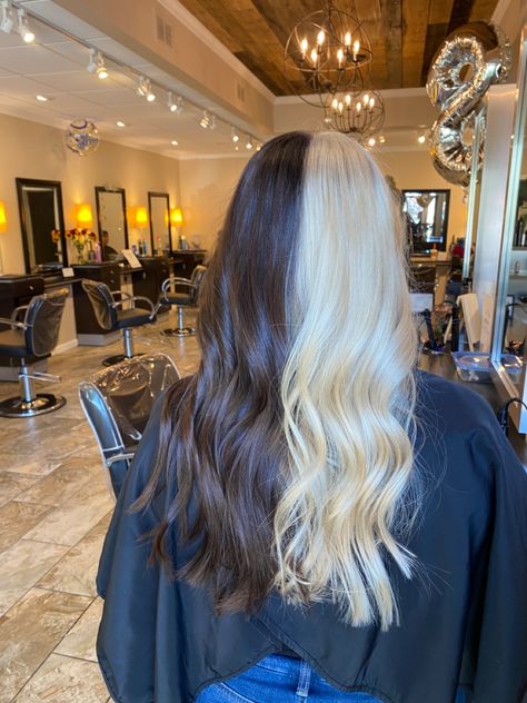 Hair Brown And Blonde Half And Half, Split Dye Half Brown Half Blonde, Half Blonde And Half Brown Hair, Half Light Brown Half Dark Brown Hair Split, Hair Dyed Half And Half, White And Brown Split Dye, Split Dye Hair Ideas Blonde, Brown And Blonde Hair Half, Blonde And Brunette Split Dye