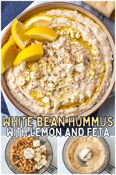 White Bean Hummus with Feta Cheese (No Tahini) - Easy Cheesy Vegetarian Hummus With Feta Cheese, Vegetarian Side Dish Recipes, Vegetarian Dip, Light Lunches, White Bean Hummus, Bean Hummus, Tahini Recipe, Party Bites, Healthy Vegetarian Dinner