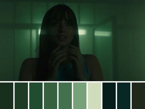 Monochromatic Cinematography, Film Moodboard Color Palettes, Cinematography Color Palette, Film Stills Cinematography Color Palettes, Parachute Video, Green Cinematography, Scrivener Themes, Cinematic Color Palette, Green Movie