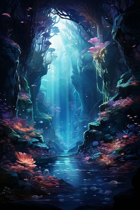 Let your imagination take flight as you explore the intricate details of this captivating artwork, where every stroke of the artist's brush brings to life an awe-inspiring underwater haven. 🎨🏞️ Whether you're a nail design enthusiast or simply captivated by fantastical art, this image is sure to spark your creativity and leave you in awe. Pin it now to your boards and bring a touch of whimsy to your virtual collections. 📌💫 Share this fantasy landscape art with friends and fellow dreamers. Underwater Cavern, Art With Friends, Fantasy Landscape Art, Grotto Design, Art Niche, The Hidden World, Imagination Art, Sea Illustration, Photo Prompts