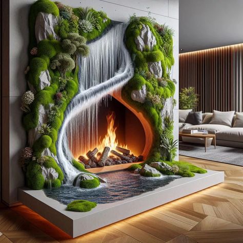 Unusual Fireplaces, Indoor Waterfall Wall, Indoor Waterfall Fountain, Fireplace Style, Water Fountain Design, Ganapati Decoration, Indoor Waterfall, Fountain Design, Waterfall Design