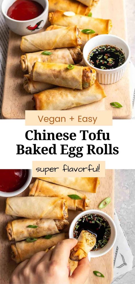 These ultra-crispy homemade egg rolls are filled with a savory tofu filling. Baked instead of fried, this version is healthier and lighter than takeout. They are also surprisingly simple and easy to make! Tofu Egg Rolls, Freezer Snacks, Baked Egg Rolls, Chinese Tofu, Vegetarian Egg Rolls, Vegan Egg Rolls, Homemade Egg Rolls, Vegan Chinese, Vegan Egg