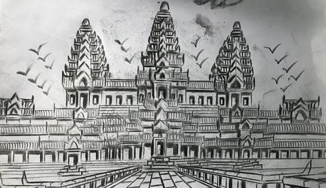 How to Draw Angkor Wat Step by Step Angkor Wat Drawing Art, Angkor Wat Art, Angkor Wat Drawing, Ankor Wat, Temple Drawing, Drawing Steps, Drawing Instructions, Drawing Water, Angkor Wat Temple