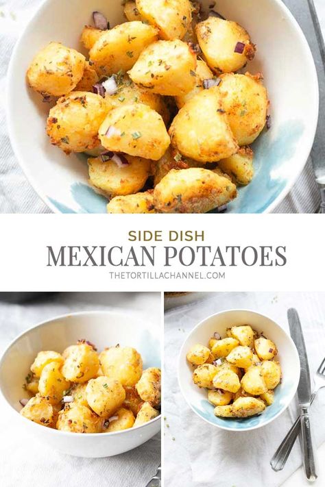 Mexican potatoes are the perfect side dish for dinner or as a tapas with some salsa. These Mexican potatoes are a bit spicy and crunchy #mexicanpotatoes #sidedish #thetortillachannel #potatosnack Fajita Side Dishes, Mexican Potatoes, Mexican Dinner Recipes, Mexican Side Dishes, Tapas Recipes, Diner Recept, Easy Mexican, Potato Side Dishes, Tex Mex