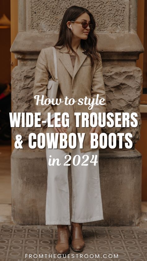 a woman wears cowboy boots with wide leg trousers, western outfits Trousers And Boots Women, Business Casual Outfits With Cowboy Boots, Cowboy Boots Straight Jeans, Boots With Trousers Women, Cropped Jeans With Cowboy Boots, Cowboy Boots Jeans Outfit Women, How To Style Western Ankle Boots, Business Casual Cowgirl Outfits, Winter Outfit With Cowboy Boots