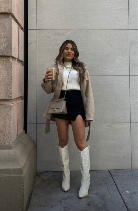 Dress With Boots Winter Wedding Guest, Guadalajara Outfits Winter, Mini Skirt And Calf Boots, White Tecovas Outfit, Western Outfits With White Boots, White Boots Christmas Outfit, Chic Cowboy Boots Outfit Winter, Style White Cowgirl Boots, Winter White Cowboy Boots Outfit