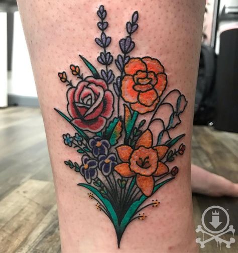 American Traditional Wildflower Tattoo, American Traditional Bouquet Tattoo, Upside Down Bouquet Tattoo, Traditional Flower Bouquet Tattoo, Mum Flowers Tattoo, Flower Bouquet Tattoo, Inner Bicep Tattoo, Traditional Tattoo Flowers, Vintage Tattoo Design