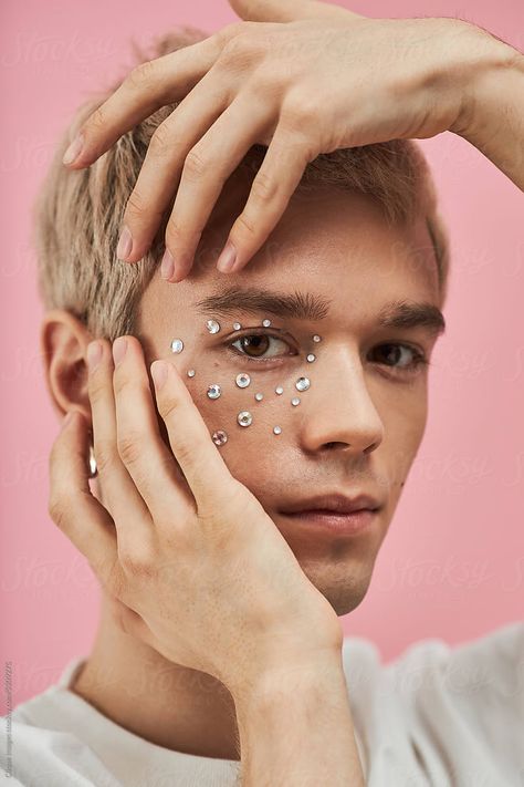 "Queer Man With Rhinestones On Face" by Stocksy Contributor "Clique Images" - Stocksy Queer Portrait, Rhinestones On Face, Queer Photoshoot, Photoshoot Moodboard, Hands On Face, Coach Branding, Face Rhinestones, Male Model Face, Male Makeup