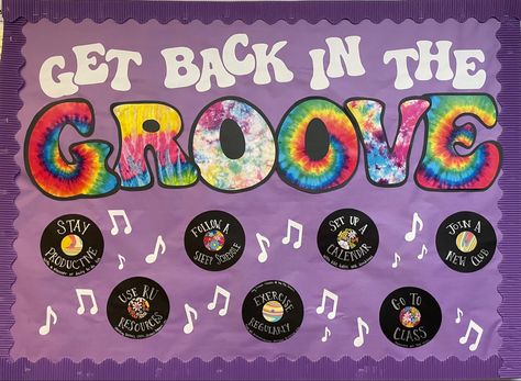 Ymca Bulletin Board Ideas, Cute Music Bulletin Boards, Sga Bulletin Board Ideas, Board Themes Ideas, Nursing Boards Ideas, Bulletin Board Hallway, Music Themed Ra Bulletin Boards, Welcome Week Bulletin Board Ra, Groovy Year Bulletin Board