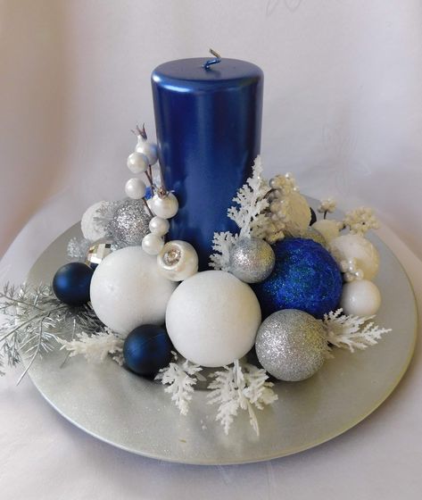 Navy Blue Christmas Centerpieces, Blue Sliver White Christmas Decor Diy, Blue Christmas Table Centerpieces, Blue And White Christmas Centerpieces, Blue White And Silver Christmas Decor, Diy Blue Christmas Decorations, Blue Christmas Centerpieces For Table, Blue And Silver Christmas Centerpieces, Christmas Decor Blue And Silver