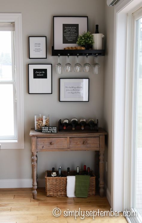 Are you inspired by farmhouse and eclectic decor? Do you love wine and nooks? Check out my farmhouse inspired wine nook complete with quote printables! Diy Nook, Wine Corner, Wine Decorations, Wine Nook, Wine And Coffee Bar, Wine Crafts, Corner Pergola, Wine Decor Kitchen, Wine Craft