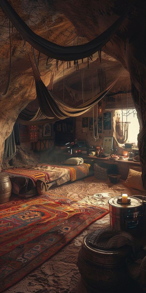 Dystopian House Interior, Cave House Aesthetic, Fantasy Hideout, Fantasy Cave Home, Cave Aesthetic Dark, Thieves Hideout, Ancient Arabian Aesthetic, Dystopian Scenery, Caves Aesthetic