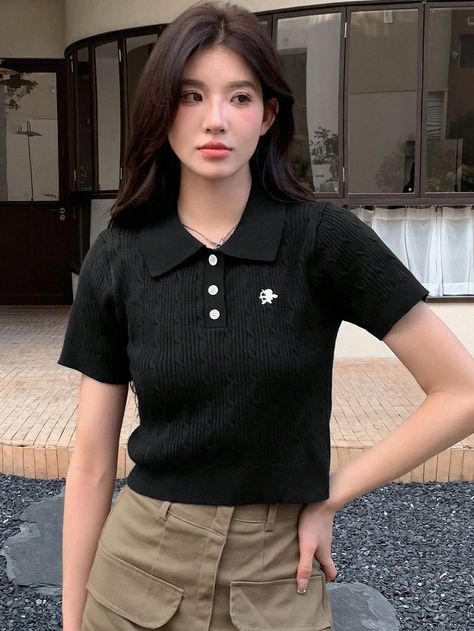 Black Casual Collar Short Sleeve Knitwear Animal,Letter  Embellished Medium Stretch  Women Clothing Polo T Shirts Women Outfit, Polo T Shirts Women, Polo Shirt Outfit, Brown Polo Shirt, Polo Shirt Outfits, Polo Top, Knit Tops, Polo Neck, Embroidery Details