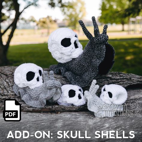 Crafty Intentions CROCHET PATTERN Spiral Skull Snail Shells Add-On pattern (printable PDF-file / 97 pages) CLICK "LEARN MORE ABOUT THIS ITEM" FOR MORE INFORMATION Developed by Megan Lapp aka Crafty Intentions, this crochet pattern is for Spiral Skull Snail Shells!! This pattern is written in U.S. terminology. This pattern comes with instructions to make your very own Spiral Skull Snail Shells!! This is an Add-on pattern so it DOES NOT COME WITH the Snail Body patterns.  This only comes with the patterns for the Small, Medium, and Giant sizes of the Spiral Skull Snail Shells.  They can be finished and sew to attach to the bodies found in the snail patterns, or they can be finished by themselves and displayed alone.  All instructions are carefully depicted with words and photos! This pattern Crochet Patterns Witchy, Supernatural Crochet Patterns, Whimsical Crochet Patterns, Inappropriate Crochet, Crochet Snail Pattern Free, Crochet Gothic Patterns, Small Crochet Items, Creepy Crochet Pattern Free, Skull Crochet Pattern