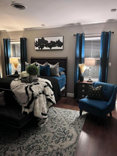 Silver And Blue Bedroom, Blue Black And White Bedroom, Black And Blue Bedroom Ideas, Royal Blue Room, Blue And Black Bedroom, Royal Blue Hoodie, Beautiful Bedroom Decor, Apartment Decorating Living, Luxury Room Bedroom