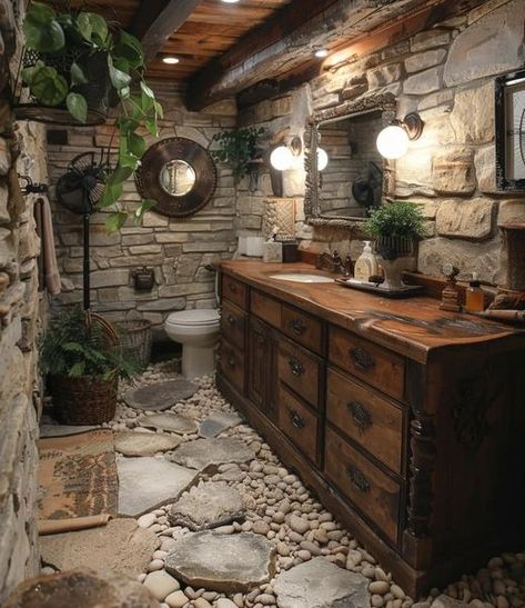 Forest House Bathroom, Ranch Bathroom, Rustic Retreat Bathroom, Cave Bathroom, Big Rustic Bathroom, Luxury Log Cabin Bathroom, Stone Shower Ideas, Rustic Bathroom With Stone Walls, Rustic Log Furniture Bathroom