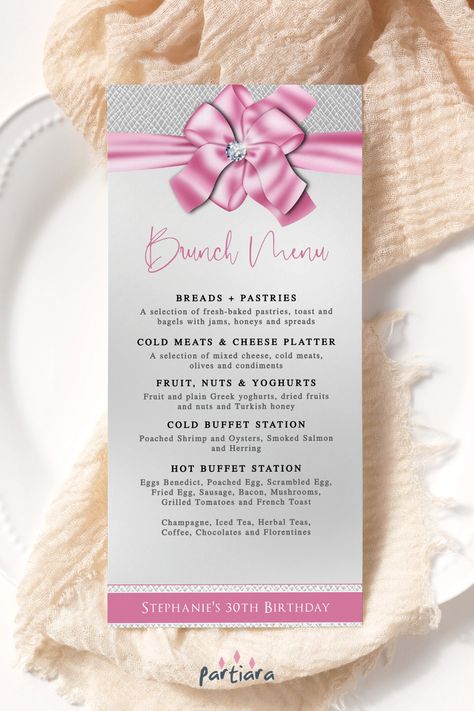 Birthday Menu Card, Pink Brunch, Party Food Menu, Buffet Stations, Nursing School Graduation Party, Brunch Event, Pink Party Theme, Pastel Baby Shower, Birthday Menu