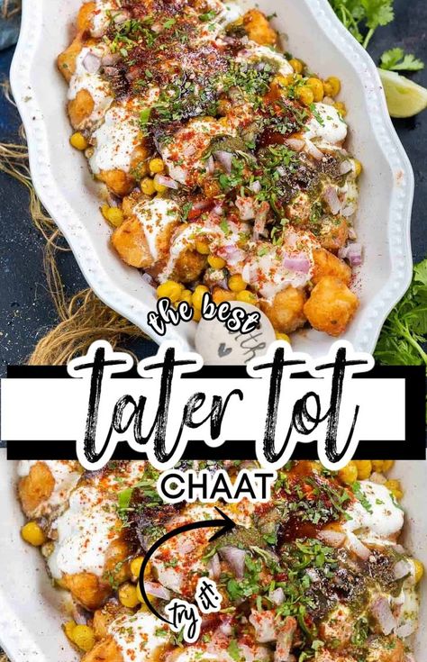 Give your usual chaat an interesting twist with this Tater Tots Chaat recipe. It is a crunchy, and creamy recipe where crispy fried tater tots are topped with other usual chaat ingredients. Here is how to make it. Tater Tots Chaat, Fusion Vegetarian Recipes, Easy Chaat Recipes, Potato Chaat Recipe, Chaat Recipe Street Food, Samosa Chaat Recipe, Indian Chaat Recipes, Indian Starters, Desi Snacks