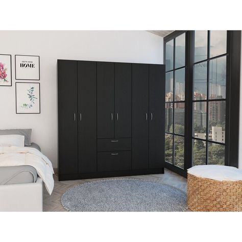 Latitude Run® Guajira Six-Door Armoire Manufactured Wood Armoire & Reviews | Wayfair Black And White Closet, Organize Your Room, Armoire Wardrobe Closet, Particle Wood, Interior Shelves, Modern Closet, Say No More, Bedroom Armoire, Wardrobe Armoire