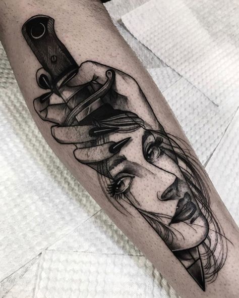 Face In Knife Tattoo, Knife Woman Tattoo, Knife Reflection Tattoo, Feminine Knife Tattoo, Knife With Face Tattoo, Knife Tattoo Women, Dagger Tattoo For Men, Blade Tattoos For Women, Knife Tattoo Ideas