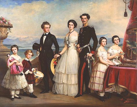 Joseph Karl Stieler 1855 L to r: Sophie Charlotte, Maximilian Emanuel, Karl Theodor, Helene, Ludwig Wilhelm, Mathilde Ludovika and Marie Sophie Empress Sissi, Empress Elisabeth, Royal Family Portrait, Family Portrait Painting, 1850s Fashion, Charles James, Bo Bartlett, Francisco Goya, Family Painting