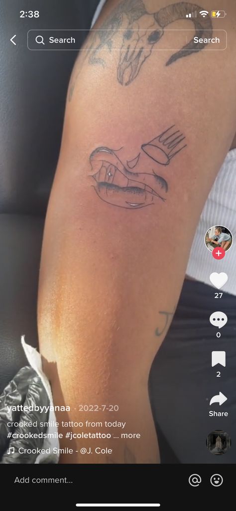 Crooked Smile Tattoo J Cole, J Cole Crown Tattoo, Crooked Smile Tattoo, Jcole Tattoo Ideas, J Cole Crown, J Cole Tattoo, Song Tattoos, Smile Tattoo, Crooked Smile