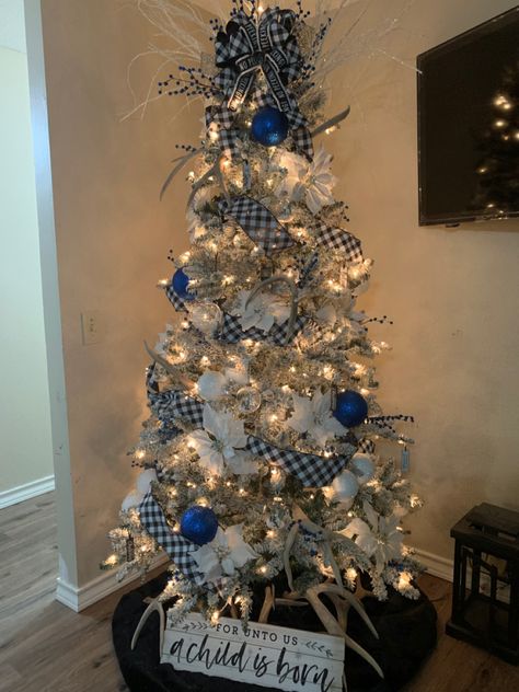 Blue Buffalo Plaid Christmas Tree, Blue Buffalo Plaid Christmas Decor, Blue Plaid Christmas Tree, Black White And Blue Christmas Tree, Kentucky Christmas Tree, Kentucky Christmas, Grey Christmas Tree, Blue Christmas Tree Decorations, Buffalo Plaid Christmas Decor