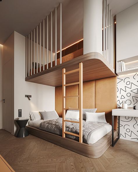 Cozy apartment for a family in warm colors :: Behance Mountain House Interior, Bed With Wardrobe, Child Bedroom, Kids Room Interior Design, Play Ground, Bunk Bed Designs, Kids' Furniture, Minimalist Apartment, Kids Interior Room