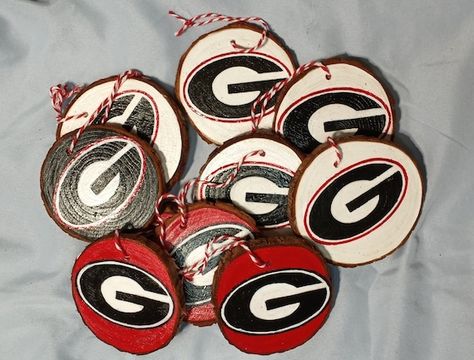 UGA Logo Ornament | Etsy Uga Cookies Georgia Bulldogs, Ga Bulldog Christmas Tree, Uga Door Sign, Uga Christmas Ornaments, Georgia Bulldog Mascot, Wood Rounds, Hand Painted Wood, Billiard Balls, Ornaments Diy