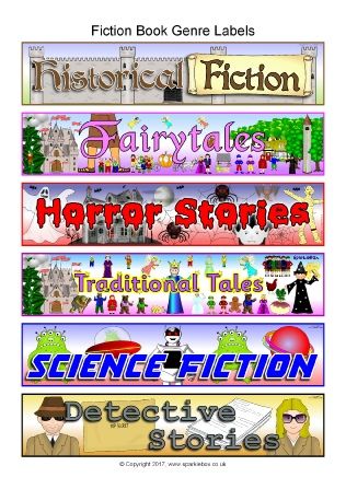 Fiction Book Genre Labels (SB11823) - SparkleBox Library Genre Signs, Book Genre Labels, Genre Anchor Charts, Fiction Genres, Genre Activities, Library Signage, Genre Posters, Library Labels, Library Quotes