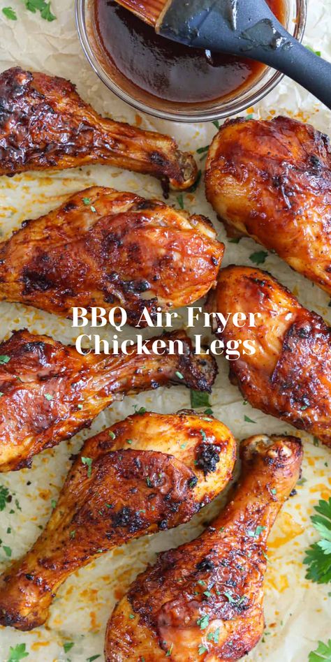 These BBQ Air Fryer Chicken Legs have crispy skin smothered in BBQ sauce & tender meat that's been rubbed with flavorful spices. It's delish! Air Fryer Chicken Leg Recipe, Air Fryer Bbq Chicken, Bbq Chicken Drumsticks, Bbq Chicken Legs, Bbq Chicken Thighs, Bbq Chicken Breast, Chicken Leg Recipes, Drumstick Recipes, Chicken Drumstick Recipes