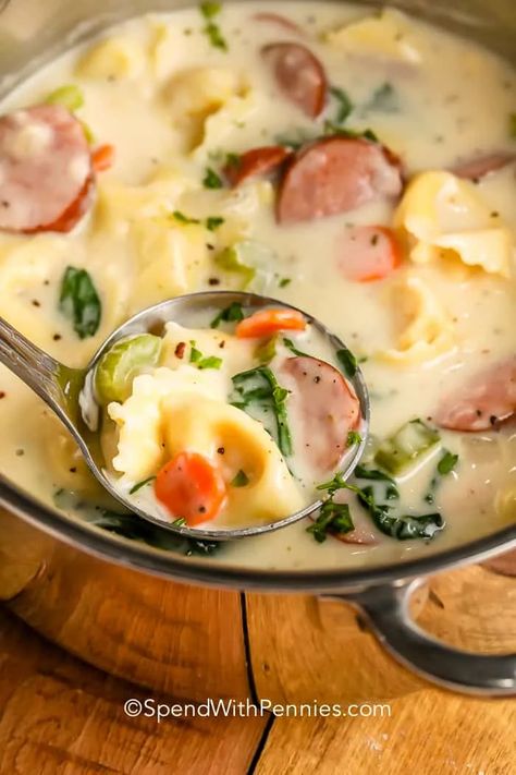 Tasty and creamy, tortellini soup is the best with sausage, spinach, and broth. Perfect for dunking and dipping, this soup loves garlic bread! #spendwithpennies #creamytortellinisoup #maindish #recipe #crockpot #instantpot #stovetop #sausage #spinach #easy #slowcooker Creamy Tortellini Soup, Creamy Tortellini, Sausage Spinach, Recipe Crockpot, Spend With Pennies, Creamy Mushroom Sauce, Sausage Soup, Tortellini Soup, Low Sodium Chicken Broth