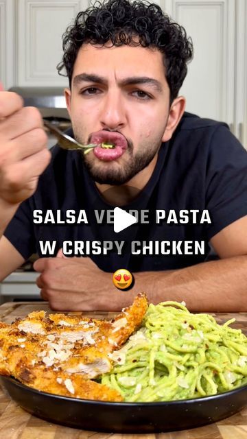 Karim Saad on Instagram: "Healthier Salsa Verde Pasta with Crispy Chicken 😍  🚨1:1 Online Coaching link in profile 🚨  My digital cookbook is out! (In pR0file) 78+ recipes ✅  Macro breakdown ✅  Many recipes under 30 mins ✅   For the salsa verde sauce: 2 Roasted poblano Peppers  3 garlic cloves 1/2 Serrano 1/2 white onion  3 tbsp light cream cheese  1 bunch of cilantro 3/4 cup of light sour cream 1/2 cup pasta water 2-3 tsp of chicken bouillon powder  Blend until smooth then cook on low heat with 1 tbsp butter for 10-12 mins  For the chicken: Flour, egg, cornflakes Season your flour well (I used seasoning salt) Air Fry at 400°F for 14-16 mins Or Bake at 425°F for 22-25 mins on a wire rack  Per serving (makes 4) approximately:  577 calories 66gP | 52gC | 14gF  Praying for love and peace in Pasta With Crispy Chicken, Salsa Verde Sauce, Chicken Bouillon Powder, Roasted Poblano Peppers, Digital Cookbook, Roasted Poblano, Verde Sauce, Chicken Bouillon, Poblano Peppers