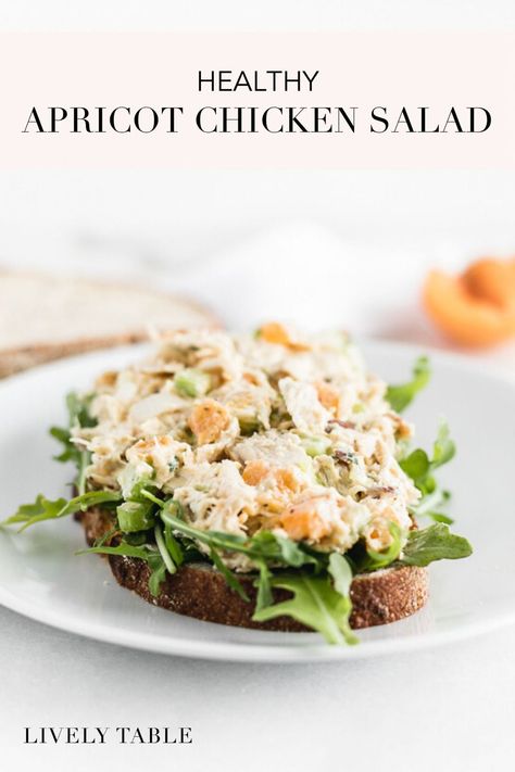 This no-mayo apricot chicken salad with fresh apricots, toasted almonds, and a healthy rosemary dijon dressing is a delicious spring twist on chicken salad that's perfect for lunches, meal prep, or spring showers! #glutenfree #chickensalad #nomayochickensalad #apricotrecipes #springrecipes #mealprep #healthychickensaladrecipes #greekyogurtchickensalad #healthymealprep #healthychickensalad #mealpreplunch #healthylunchrecipes #glutenfreemealprep Apricot Chicken Salad, Dried Apricot Salad, Apricot Chicken Salad Recipe, Mayo Less Chicken Salad, Chicken Salad Recipe With Greek Yogurt And Mayo, Chicken Salad With Sliced Almonds, Gluten Free Meal Prep, Greek Yogurt Chicken Salad, Healthy Chicken Salad Recipe