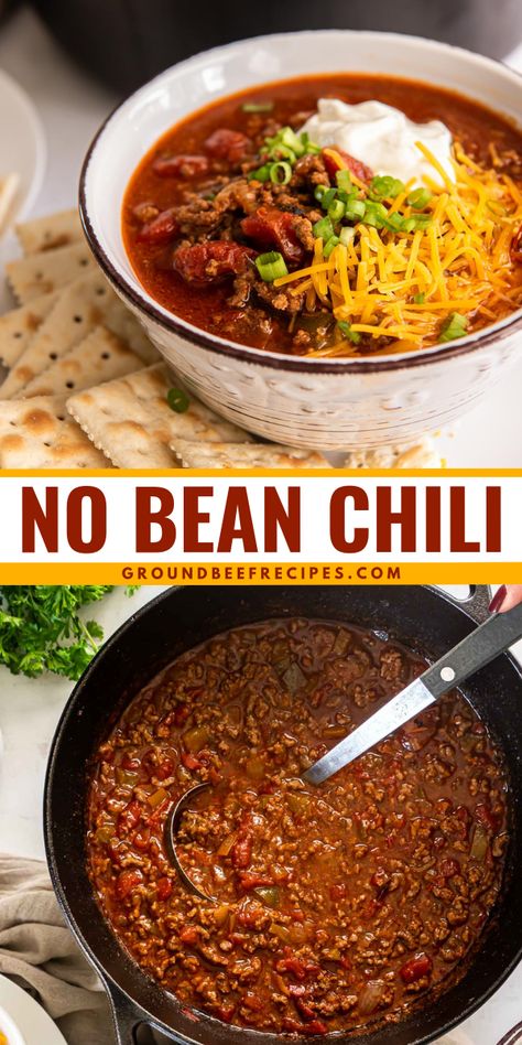 Want more cozy soup recipes for dinner? You're going to love this ground beef chili without beans! Complete with toppings, this easy no bean chili has a whole lot of flavor. Plus, it's a speedy weeknight meal with just a few minutes of prep! Chili Without Beans, Steak Chili, Ground Beef Chili, Favorite Chili Recipe, Bean Chili Recipe, Chili Recipe Crockpot, Chilli Recipes, Chili Recipe Easy, Bean Chili