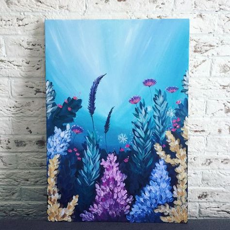 Seaweed Art Drawings, Acrylic Coral Reef Painting, Marine Life Painting Acrylic, Seaweed Painting Acrylic, Simple Underwater Painting, Sea Coral Painting, Coral Reef Painting Easy, Coral Painting Easy, Coral Painting Acrylic