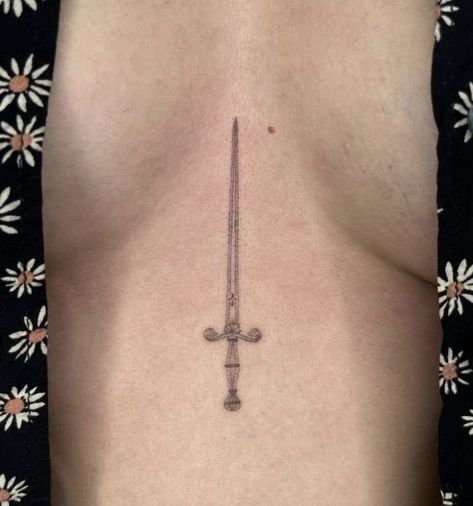 Dagger Back Tattoo, Dagger Chest Tattoo Female, 666 Tattoo, Chest Tattoo Female, Wrist Tattoo Ideas, Wrist Tattoo Designs, Small Chest Tattoos, Stomach Tattoos, Sternum Tattoo