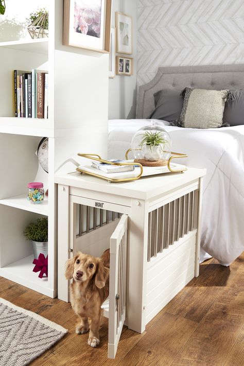 Deciding where to put your dog's crate while keeping your home modern and stylish is tough. The New Age Pet ecoFLEX Crate & End Table is a piece of elegant furniture that blends into any decor and eliminates the need for an unsightly metal crate left out in the open. Doubling as an end table, it features a latching door to keep your pet safely contained while you’re away. And the eco-friendly wood and recycled-plastic materials will never warp or split, so you can know that your dog is safe. Dog Apartment Living, Apartment Dog, Dog Space, Dog Bedroom, Apartment Pet, Crate End Tables, Puppy Room, Dog Corner, Apartment Dogs