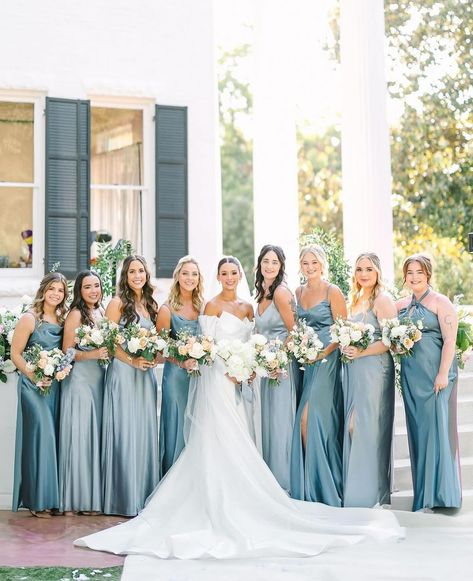 Timeless in something blue 💙 Featuring the Shiny Satin bridesmaid dresses in Twilight and Dusty Blue #BIRDYGREY #birdyinthewild Bride: @eliannadavies_ Photographer: @sarahlindholmphotography Venue: @woodbinemansion Florist: @exquisitepetals Mismatched Bridesmaid Dresses Blue, Blue Fall Wedding, Dream Wedding Decorations, Wedding Party Outfits, Light Blue Wedding, Dusty Blue Bridesmaid Dresses, Bridesmaid Colors, Bridesmaid Inspiration, Something Blue Wedding