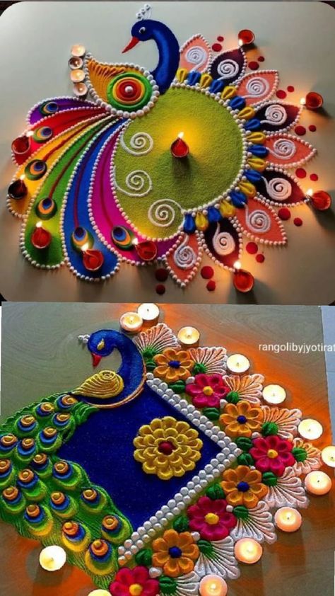 Peacock rangoli design rangoli design for Diwali Rangoli Peacock, Peacock Rangoli Design, Rangoli Designs For Diwali, New Year Rangoli, Design Rangoli, Very Easy Rangoli Designs, Peacock Rangoli, Indian Rangoli, Diwali Craft