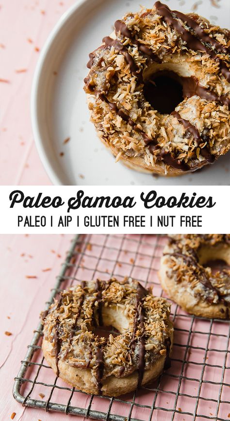 Paleo & AIP Samoa Cookies - Unbound Wellness Aip Desserts Easy, Aip Sweets, Aip Cookies, Paleo Menu, Unbound Wellness, Grain Free Cookies, Samoa Cookies, Autoimmune Paleo Recipes, Aip Paleo Recipes