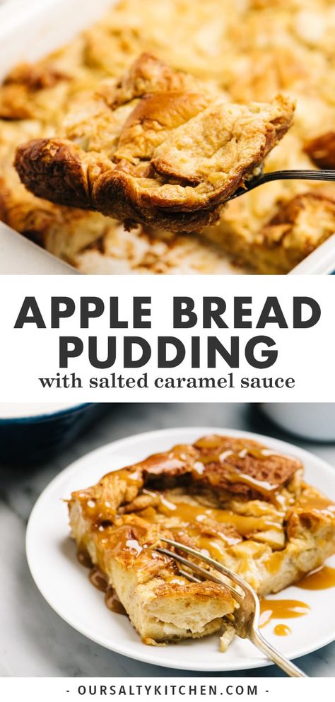 Apple bread pudding is a classic and crowd-pleasing seasonal recipe. Simple to make and irresistible to eat, it's perfect for brunch or dessert (or both!). Made with brioche bread, thinly sliced apples, and a cinnamon spiced custard, then baked until golden brown, apple bread pudding is to easy to make and also make-ahead friendly. Serve with salted caramel sauce for dessert or maple syrup for a breakfast casserole. #breadpudding #brunch #christmas #thanksgiving #dessert Brunch Christmas, Apple Bread Pudding, Christmas Brunch Recipes, Savory Bread Puddings, Bread Pudding With Apples, Brown Apple, Sliced Apples, Thanksgiving Desserts Easy, Brioche Bread